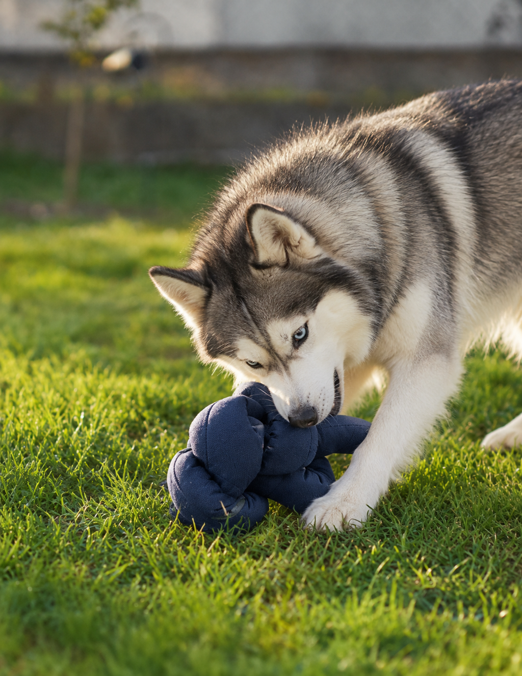 Chien husky mâchouillant le jouet étoile de mer 15 cachettes dans l'herbe