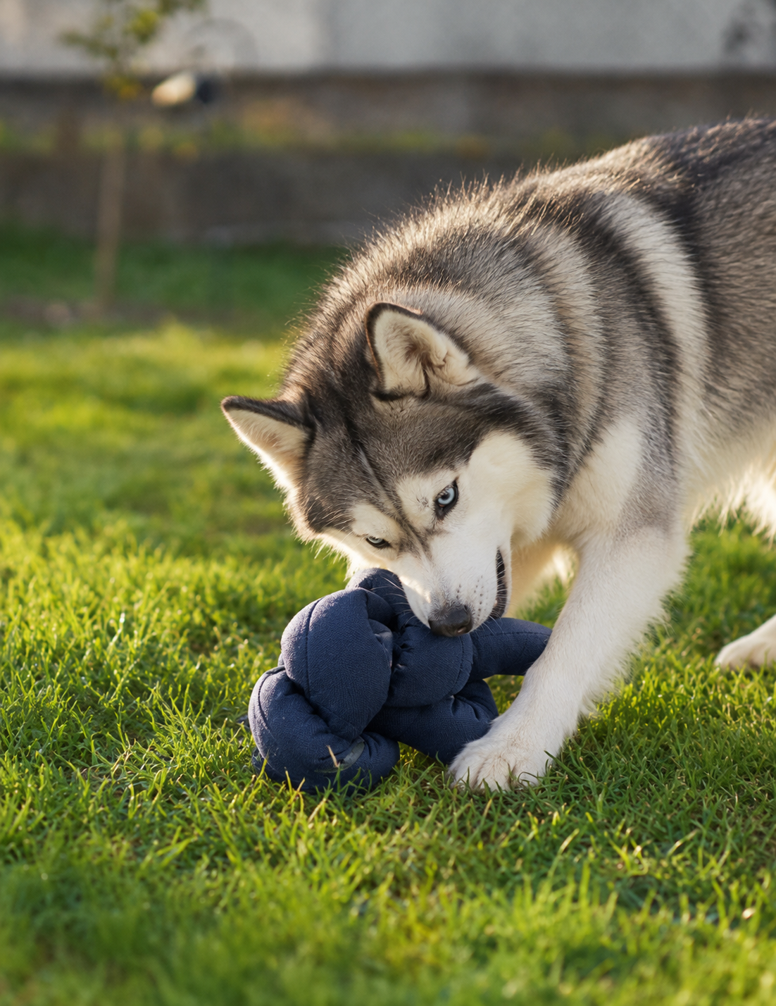 Chien husky mâchouillant le jouet étoile de mer 15 cachettes dans l'herbe